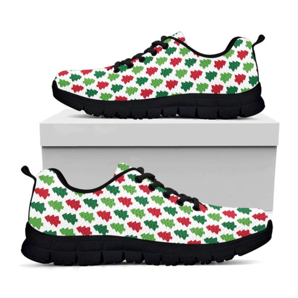 Merry Christmas Tree Pattern Print Black Running Shoes, Gift For Men And Women