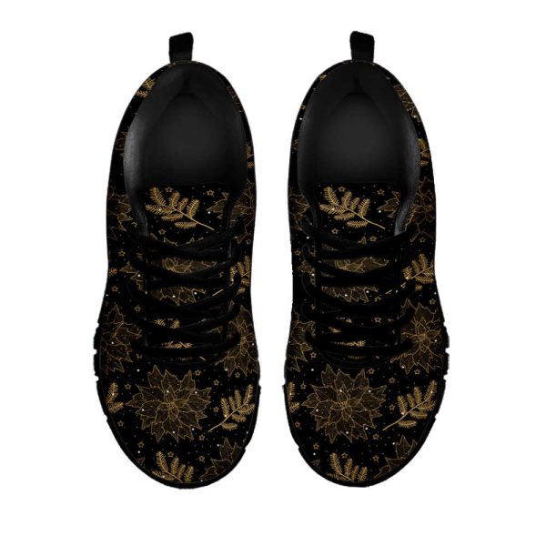 Merry Christmas Poinsettia Pattern Print Black Running Shoes, Gift For Men And Women