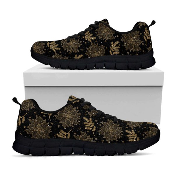 Merry Christmas Poinsettia Pattern Print Black Running Shoes, Gift For Men And Women