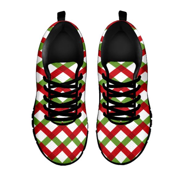 Merry Christmas Checkered Pattern Print Black Running Shoes, Gift For Men And Women