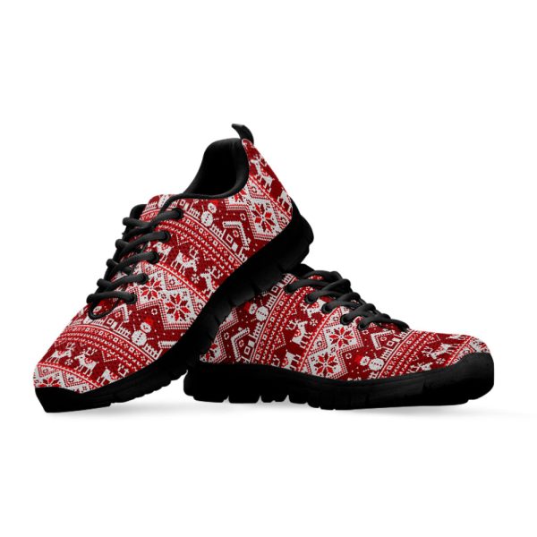 Merry Christmas Knitted Pattern Print Black Running Shoes, Gift For Men And Women