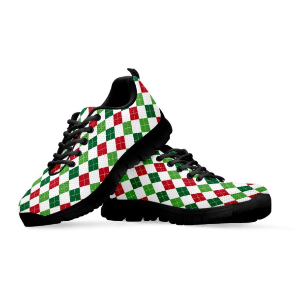 Merry Christmas Argyle Pattern Print Black Running Shoes, Gift For Men And Women