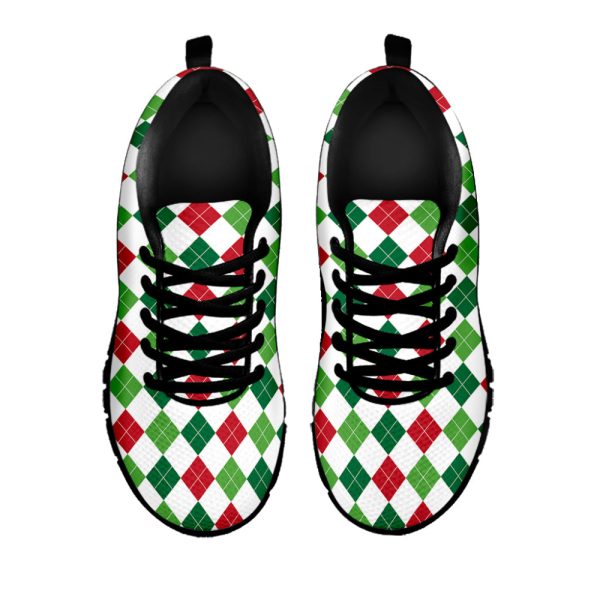 Merry Christmas Argyle Pattern Print Black Running Shoes, Gift For Men And Women