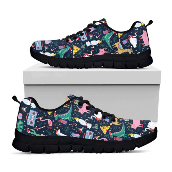 Funny Christmas Animals Pattern Print Black Running Shoes, Gift For Men And Women