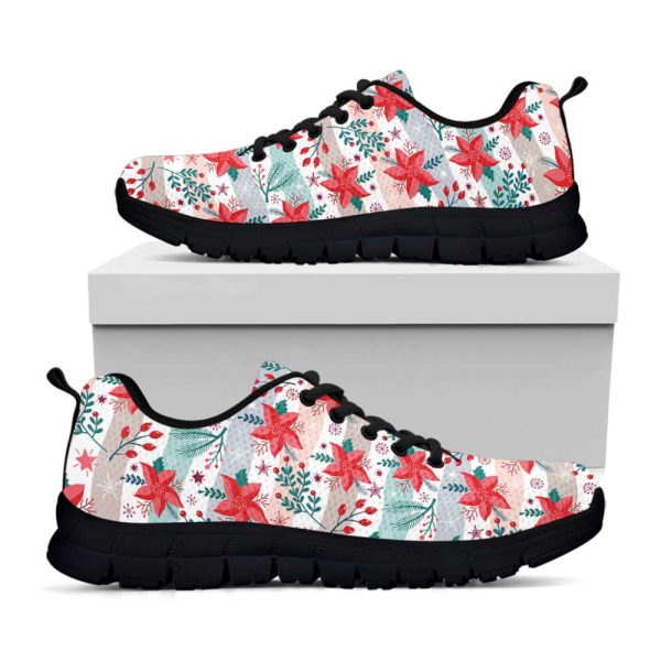 Cute Christmas Poinsettia Pattern Print Black Running Shoes, Gift For Men And Women