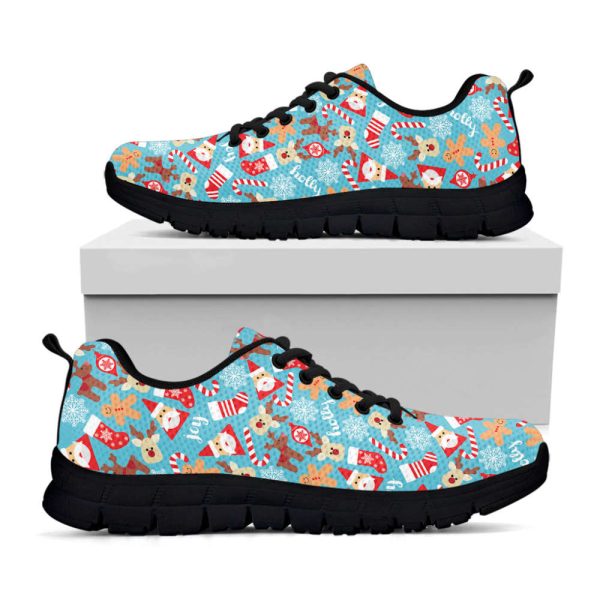 Cute Christmas Elements Pattern Print Black Running Shoes, Gift For Men And Women