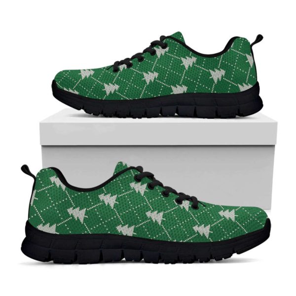 Christmas Tree Knitted Pattern Print Black Running Shoes, Gift For Men And Women