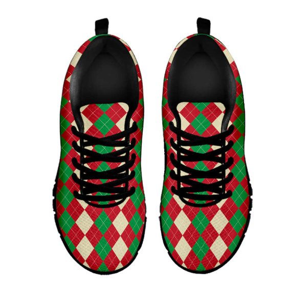 Christmas Themed Argyle Pattern Print Black Running Shoes, Gift For Men And Women