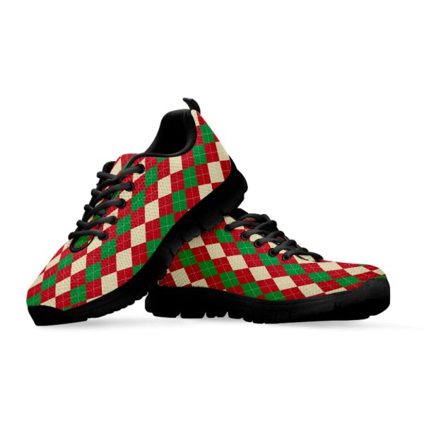 Christmas Themed Argyle Pattern Print Black Running Shoes, Gift For Men And Women