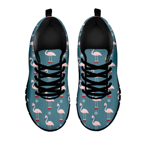 Christmas Snowy Flamingo Pattern Print Black Running Shoes, Gift For Men And Women