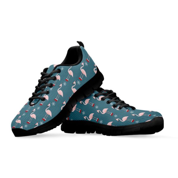 Christmas Snowy Flamingo Pattern Print Black Running Shoes, Gift For Men And Women