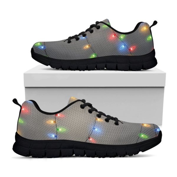 Colorful Christmas String Lights Print Black Running Shoes, Gift For Men And Women