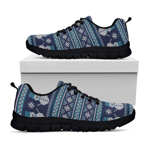Christmas Snowman Knitted Pattern Print Black Running Shoes, Gift For Men And Women