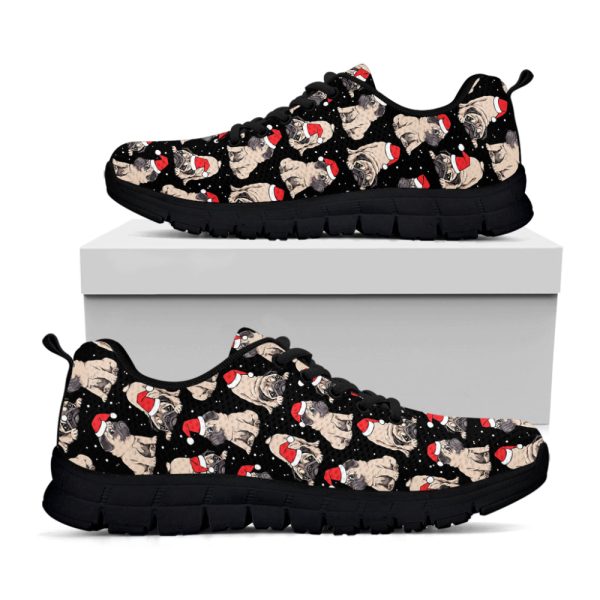 Christmas Santa Pug Pattern Print Black Running Shoes, Gift For Men And Women