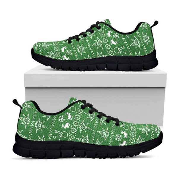 Christmas Pot Leaf Pattern Print Black Running Shoes, Gift For Men And Women