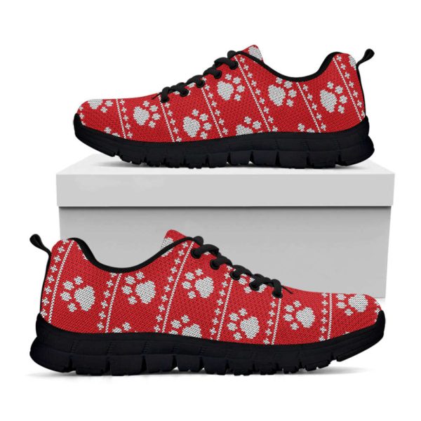 Christmas Paw Knitted Pattern Print Black Running Shoes, Gift For Men And Women
