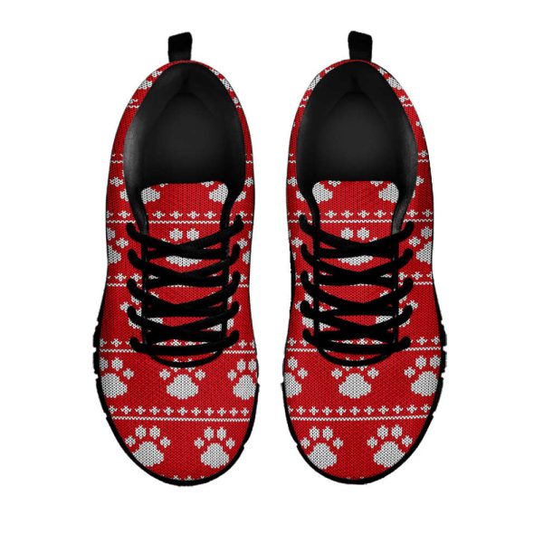 Christmas Paw Knitted Pattern Print Black Running Shoes, Gift For Men And Women