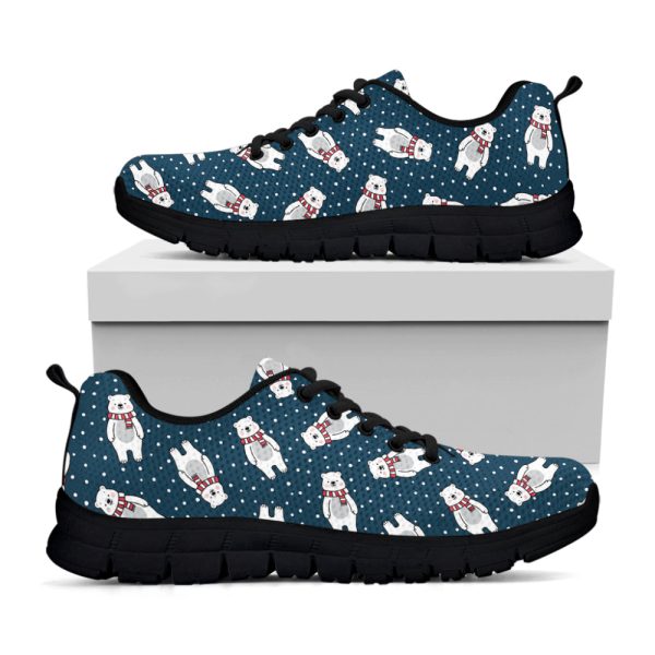 Christmas Polar Bear Pattern Print Black Running Shoes, Gift For Men And Women