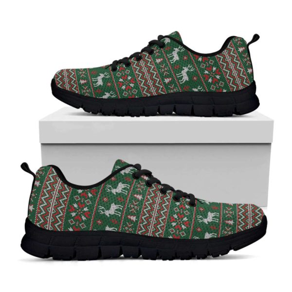 Christmas Holiday Knitted Pattern Print Black Running Shoes, Gift For Men And Women