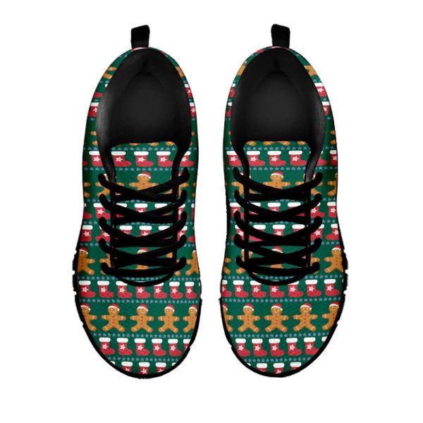 Christmas Gingerbread Man Pattern Print Black Running Shoes, Gift For Men And Women
