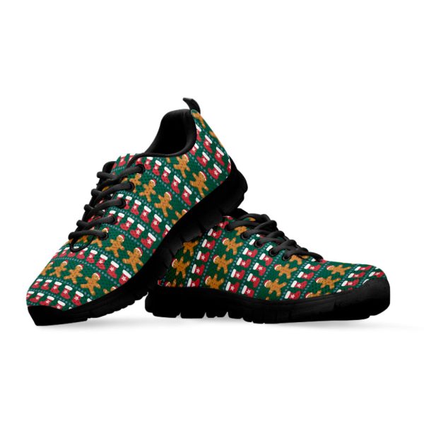 Christmas Gingerbread Man Pattern Print Black Running Shoes, Gift For Men And Women