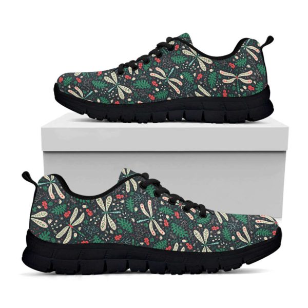 Christmas Floral Dragonfly Pattern Print Black Running Shoes, Gift For Men And Women
