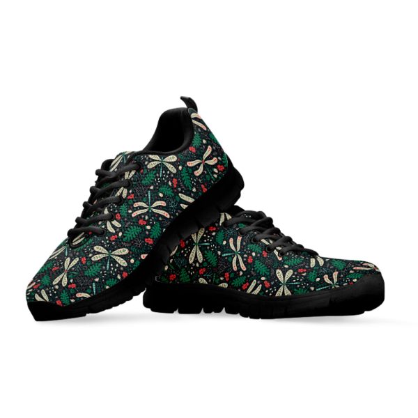 Christmas Floral Dragonfly Pattern Print Black Running Shoes, Gift For Men And Women