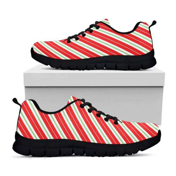 Christmas Candy Cane Stripes Print Black Running Shoes, Gift For Men And Women