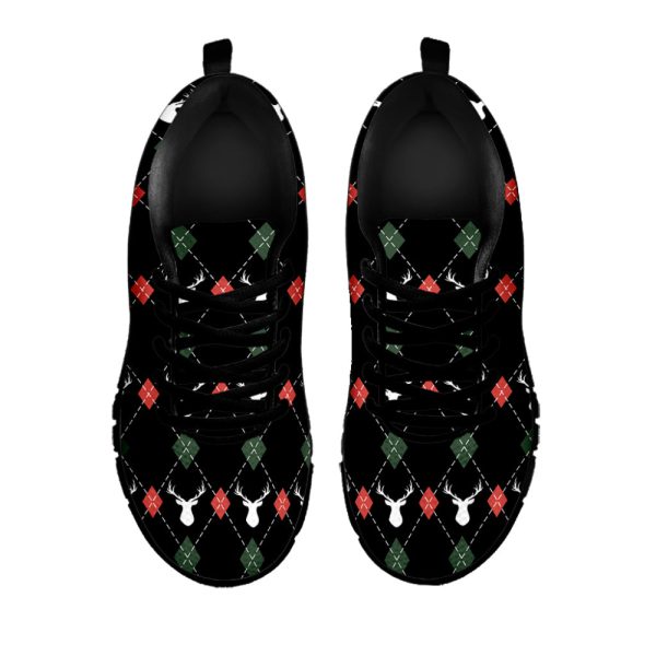 Christmas Deer Argyle Pattern Print Black Running Shoes, Gift For Men And Women