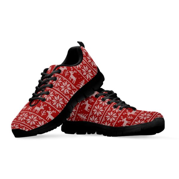 Christmas Deer Knitted Pattern Print Black Running Shoes, Gift For Men And Women