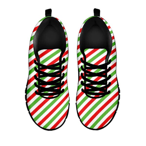 Christmas Candy Cane Striped Print Black Running Shoes, Gift For Men And Women