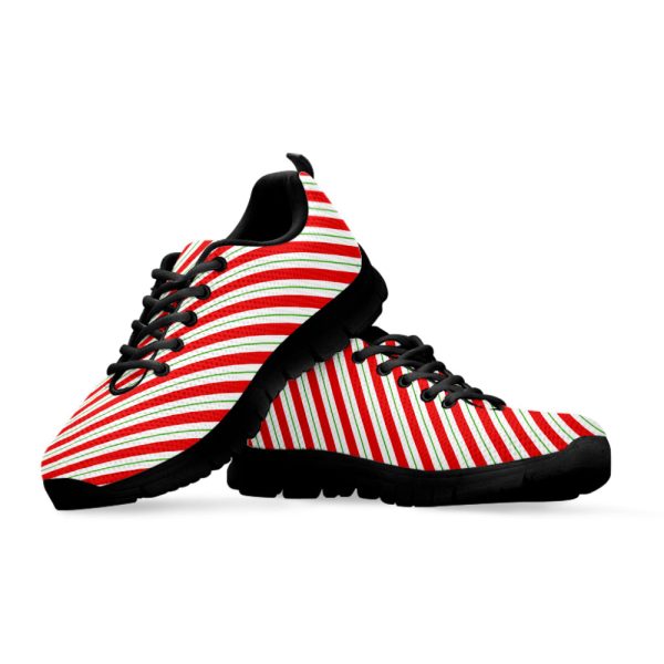 Christmas Candy Cane Stripe Print Black Running Shoes, Gift For Men And Women