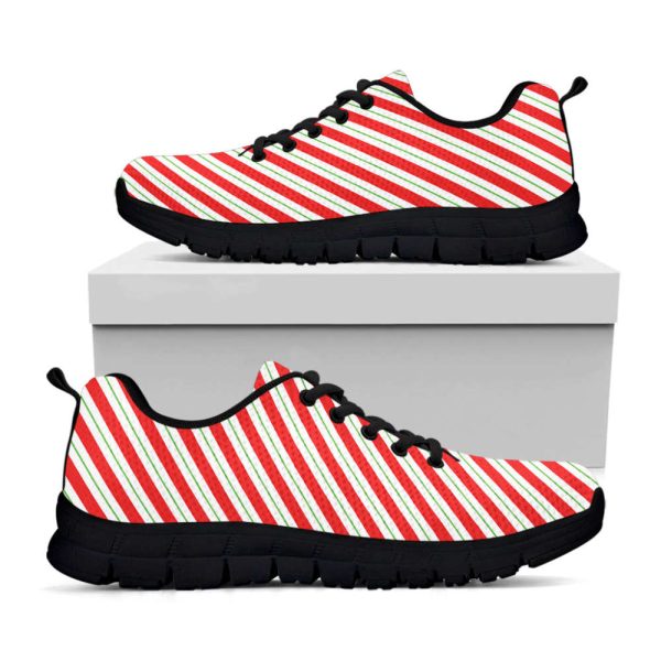 Christmas Candy Cane Stripe Print Black Running Shoes, Gift For Men And Women