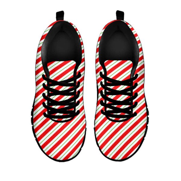 Christmas Candy Cane Stripe Print Black Running Shoes, Gift For Men And Women