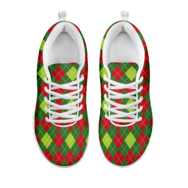 Green And Red Christmas Argyle Print White Running Shoes, Gift For Men And Women
