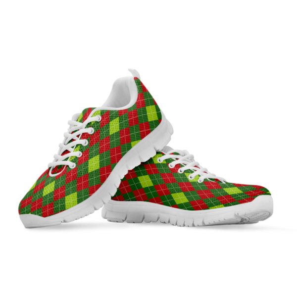 Green And Red Christmas Argyle Print White Running Shoes, Gift For Men And Women