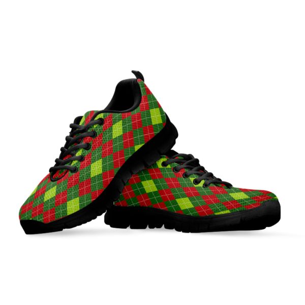 Green And Red Christmas Argyle Print Black Running Shoes, Gift For Men And Women