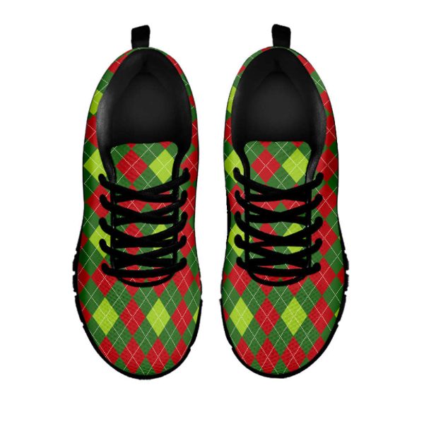 Green And Red Christmas Argyle Print Black Running Shoes, Gift For Men And Women