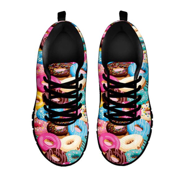 Yummy Donut Pattern Print Black Running Shoes, Gift For Men And Women