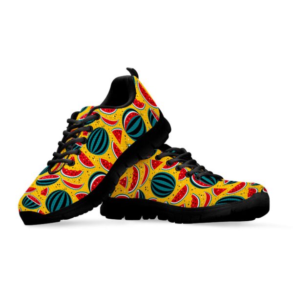 Yellow Watermelon Pieces Pattern Print Black Running Shoes, Gift For Men And Women