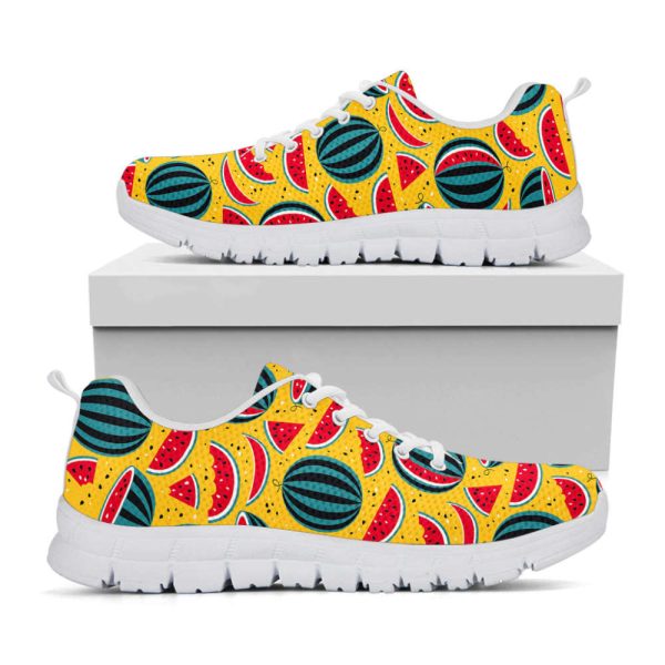 Yellow Watermelon Pieces Pattern Print White Running Shoes, Gift For Men And Women