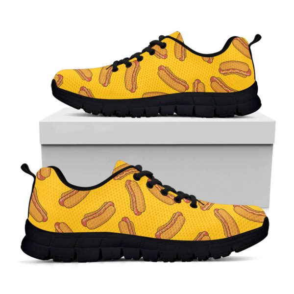 Yellow Hot Dog Pattern Print Black Running Shoes, Gift For Men And Women