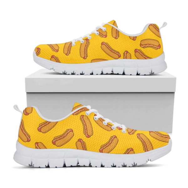 Yellow Hot Dog Pattern Print White Running Shoes, Gift For Men And Women