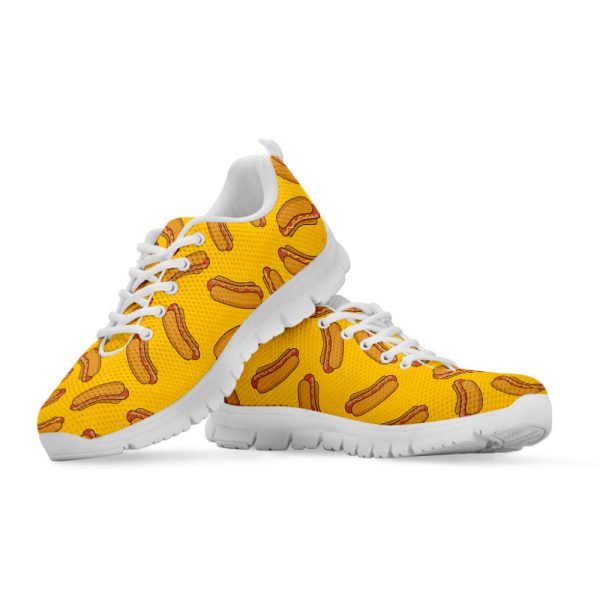 Yellow Hot Dog Pattern Print White Running Shoes, Gift For Men And Women