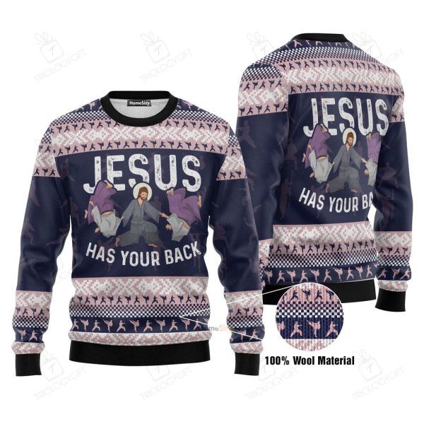 Funny Jesus Has Your Back Jiu Jitsu Ugly Christmas Sweater 3D Printed Best Gift For Xmas