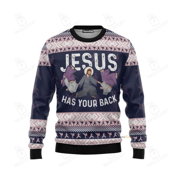 Funny Jesus Has Your Back Jiu Jitsu Ugly Christmas Sweater 3D Printed Best Gift For Xmas