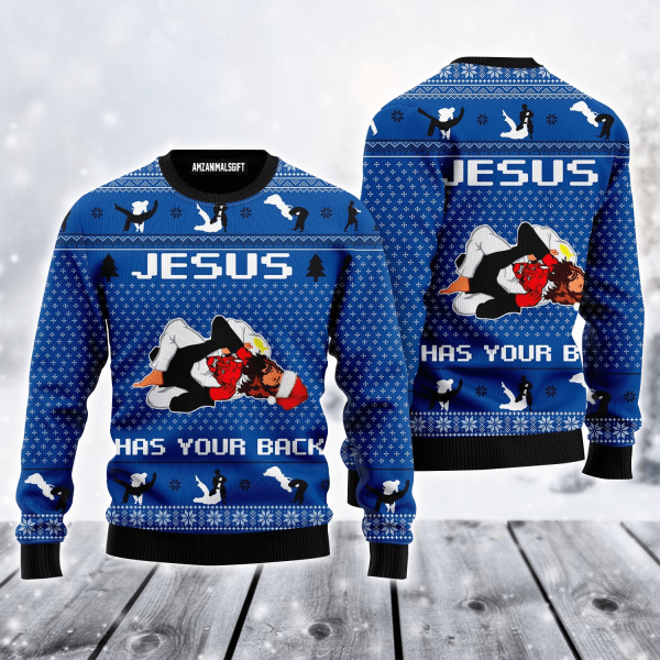 Jesus & Satan Ugly Sweater, Jesus Has Your Back Jiu Jitsu Sweater For Men & Women