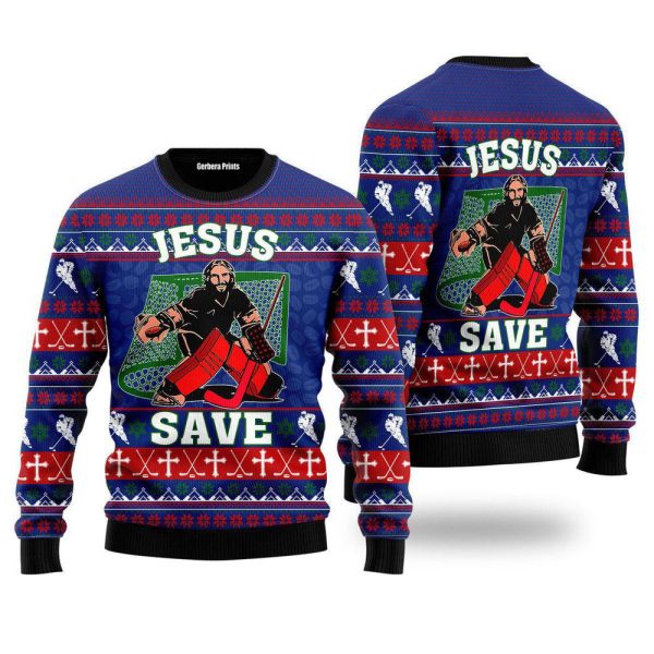 Jesus Saves Hockey, Ugly Sweater Party, Ugly Christmas Sweater For Christian
