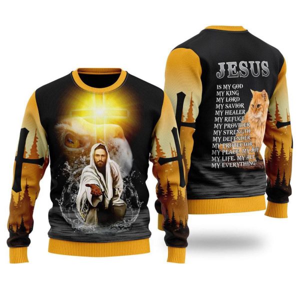 Jesus And Cat My Everything Ugly Christmas Sweater, Jumper For Men & Women