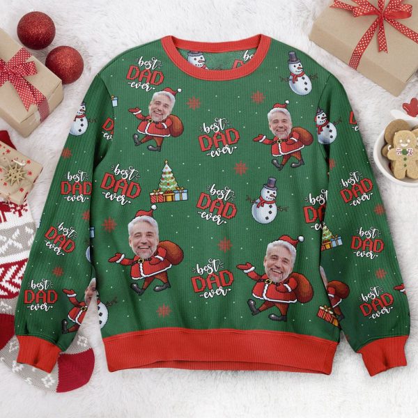 Best Dad Ever Santa Ugly Sweater Christmas, Personalized Photo Dad Ugly Sweater For Dad